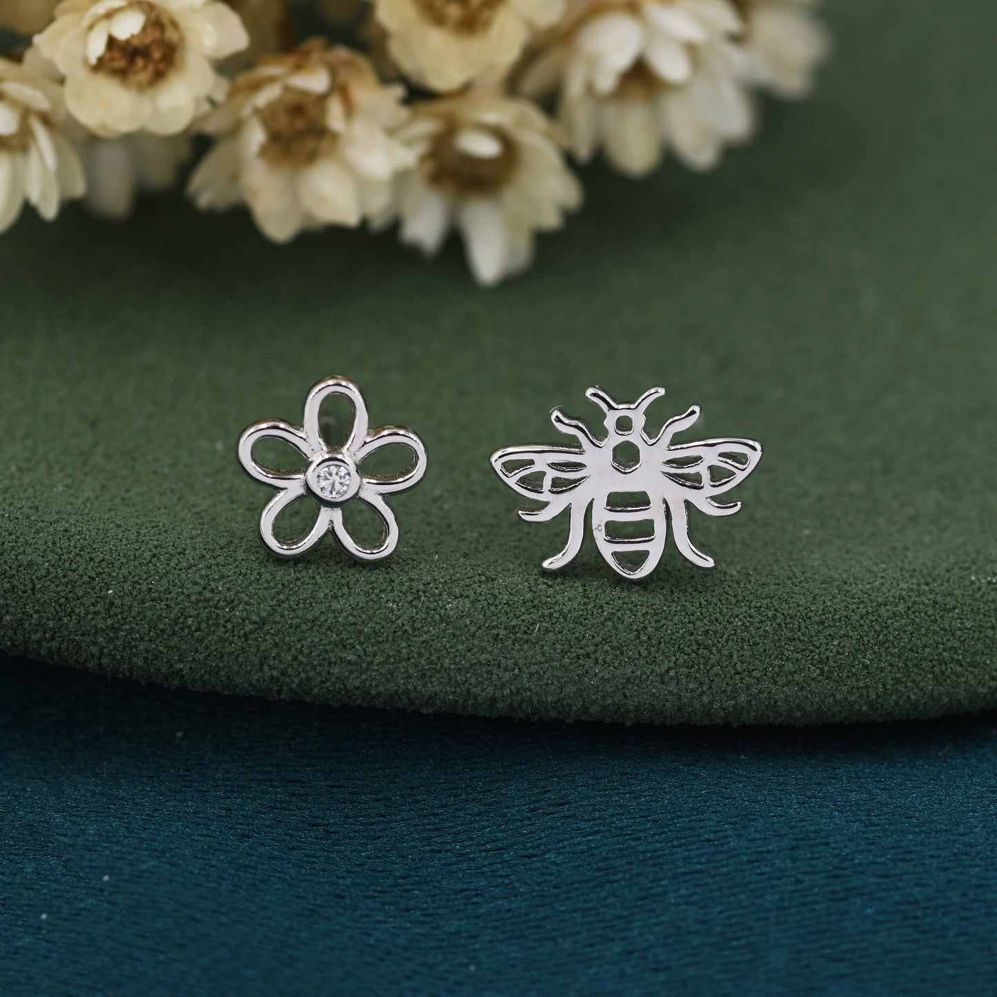 Mismatched Bee and Flower Stud Earrings in Sterling Silver, Asymmetric Bee and Flower Earrings