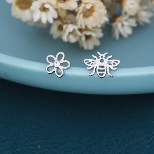 Mismatched Bee and Flower Stud Earrings in Sterling Silver, Asymmetric Bee and Flower Earrings