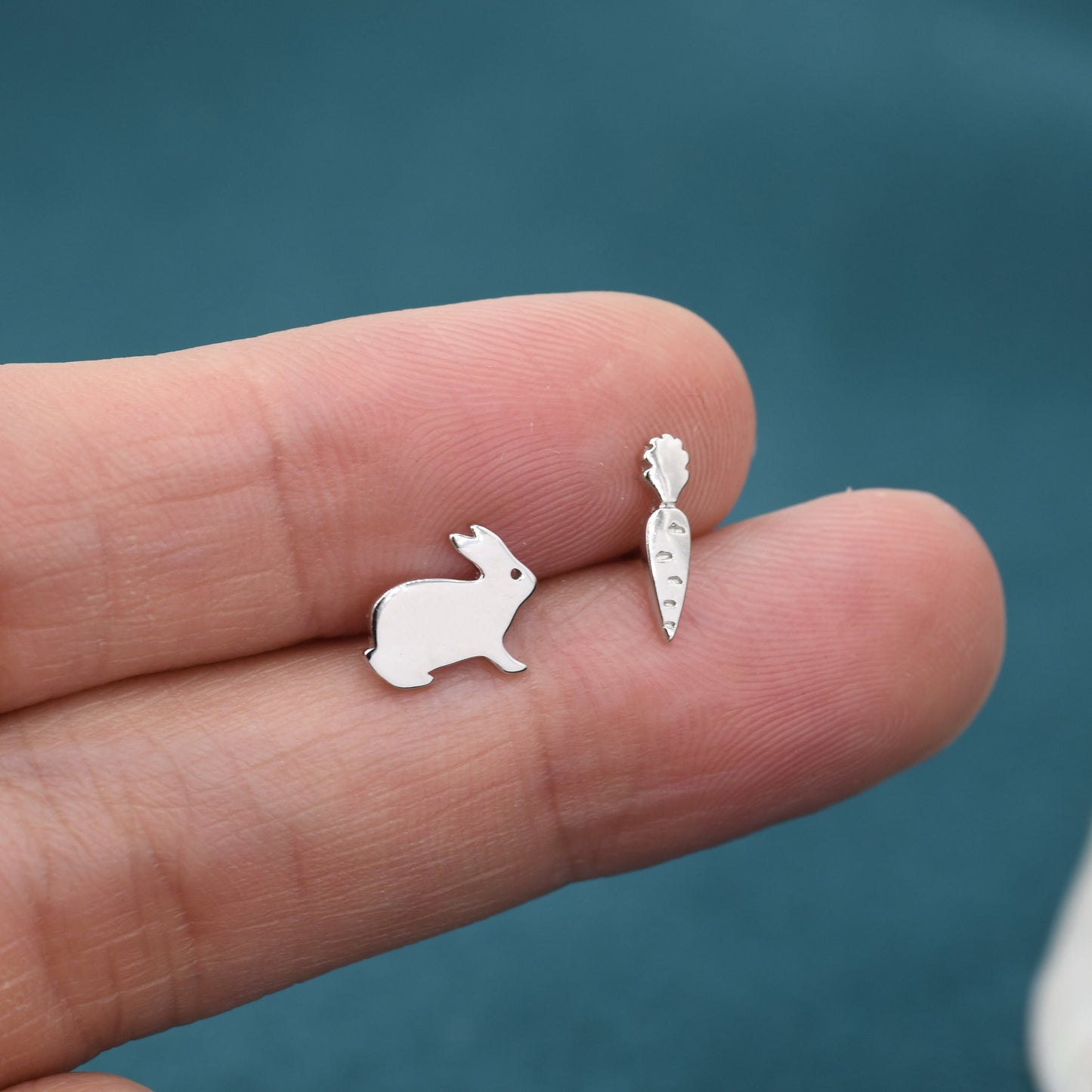 Mismatched Rabbit and Carrot Stud Earrings in Sterling Silver, Asymmetric Bunny and Carrot Earrings