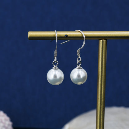 Sterling Silver Mother of Pearl Drop Hook Earrings - Simulated Pearls - Geometric Minimalist Contemporary Design