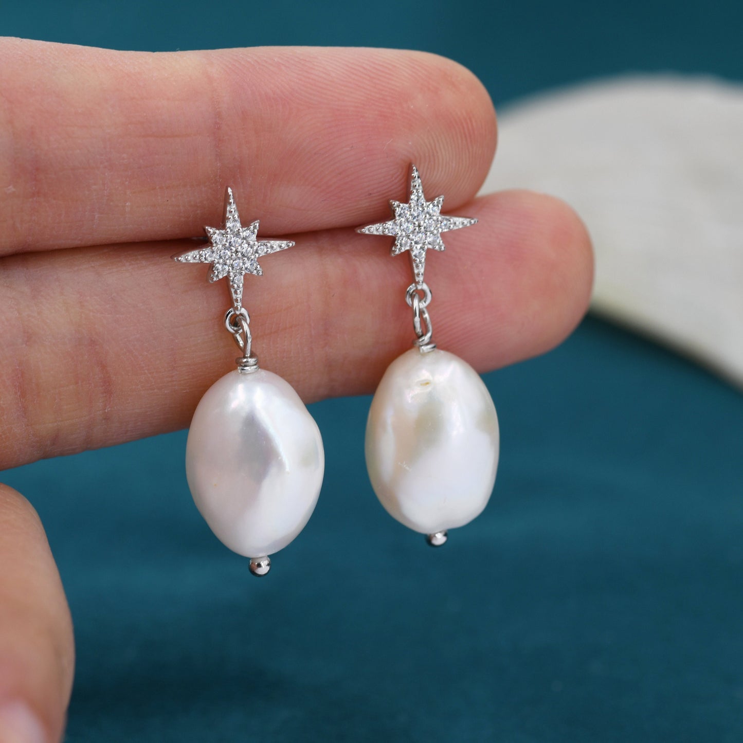 Starburst Star with Dangling Baroque Pearl Earrings in Sterling Silver, Keshi Pearl Drop Earrings,   Genuine Freshwater Pearls