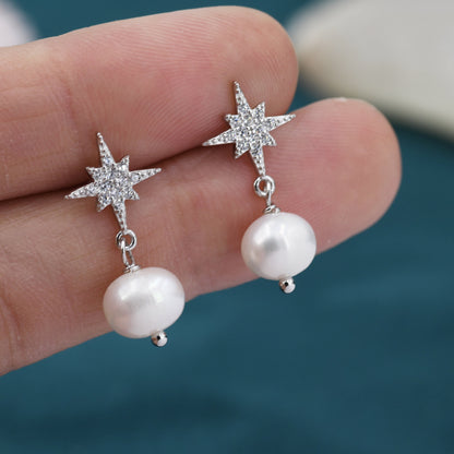 Starburst Star with Baroque Pearl Drop Earrings in Sterling Silver, Keshi Pearl Dangle Earrings,  Genuine Freshwater Pearls