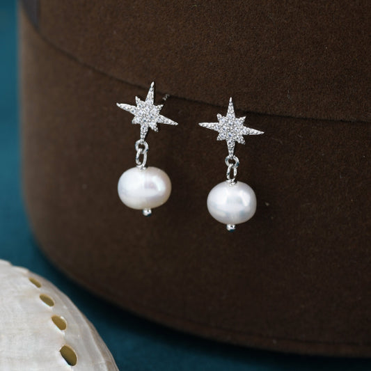 Starburst Star with Dangling Baroque Pearl Drop Earrings in Sterling Silver, Silver or Gold, Keshi Pearl Earrings,