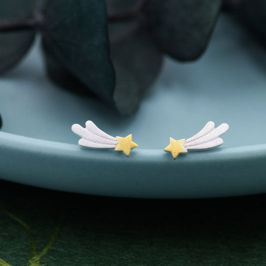 Dainty Shooting Star Stud Earrings in Sterling Silver - Two Tone Gold and Silver Earrings - Frosted Finish -  Fun, Whimsical