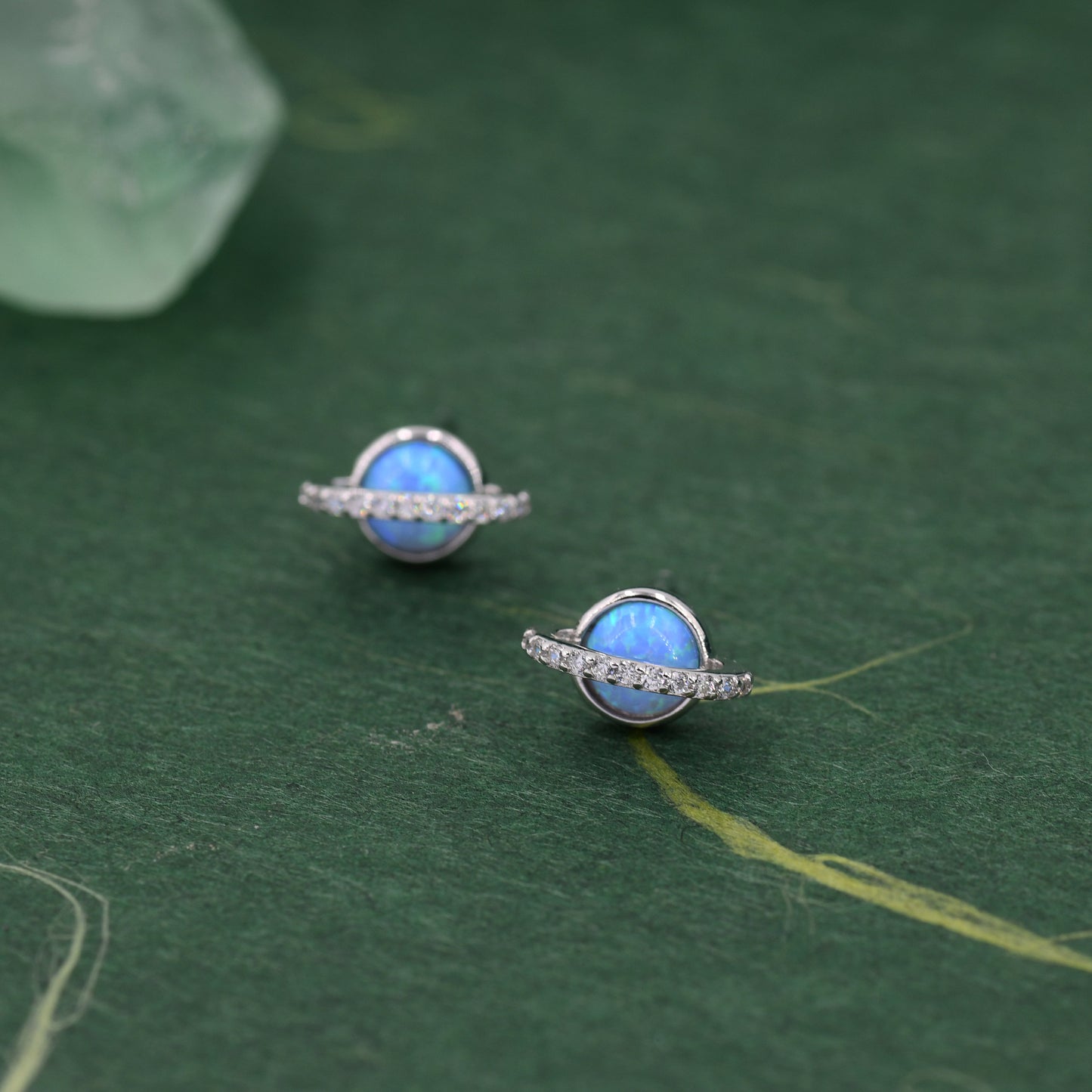 Blue Opal and CZ Halo Planet Stud Earrings in Sterling Silver, Lab Opal Planet Earrings, Fire Opal Saturn Earrings