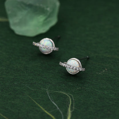 White Opal and CZ Halo Planet Stud Earrings in Sterling Silver, Lab Opal Planet Earrings, Fire Opal Saturn Earrings