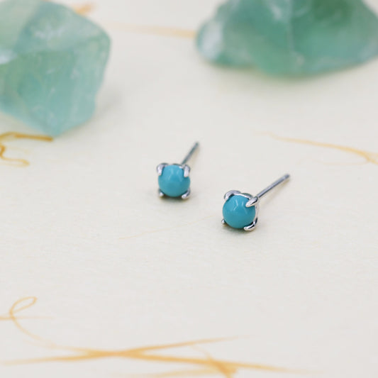 Sterling Silver Green Turquoise Stud Earrings, 4mm, Genuine Turquoise Gemstone Stud, Turquoise Blue 4 Prongs, Minimalist Style