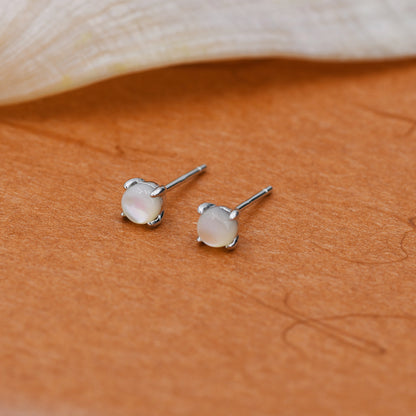 Sterling Silver Mother of Pearl Stud Earrings, 4mm, Genuine tiny mother of pearl Stud, Natural Shell Earrings, 4 Prongs, Minimalist Style