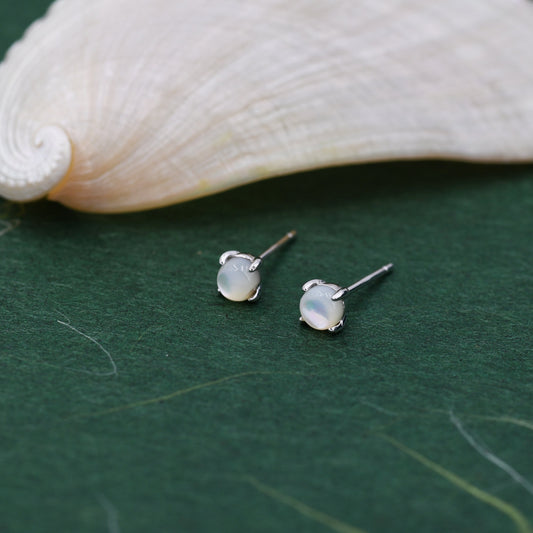 Sterling Silver Mother of Pearl Stud Earrings, 4mm, Genuine tiny mother of pearl Stud, Natural Shell Earrings, 4 Prongs, Minimalist Style