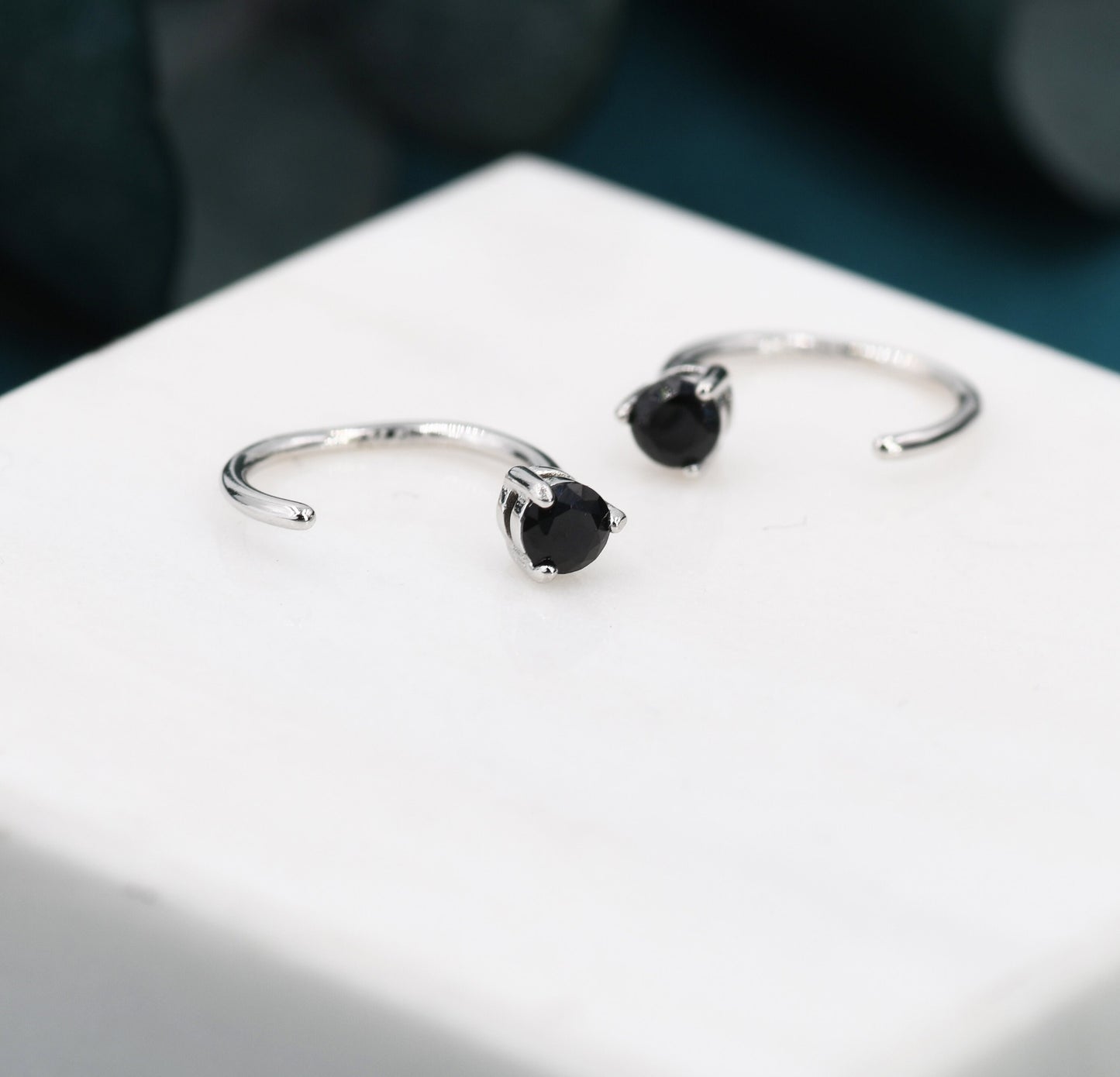 Black CZ Huggie Hoop Earrings in Sterling Silver, Tiny Black Open Hoops, Three Prong, Pull Through Threaders, Half Hoops