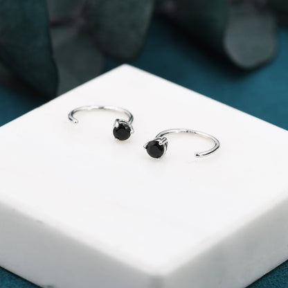 Black CZ Huggie Hoop Earrings in Sterling Silver, Tiny Black Open Hoops, Three Prong, Pull Through Threaders, Half Hoops