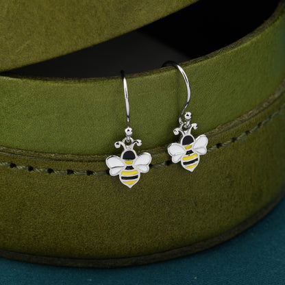 Enamel Bumble Bee Drop Earrings in Sterling Silver,  Earrings, Tiny Bee Earrings, Tiny Bee Hook Earrings, Silver Bee Earrings