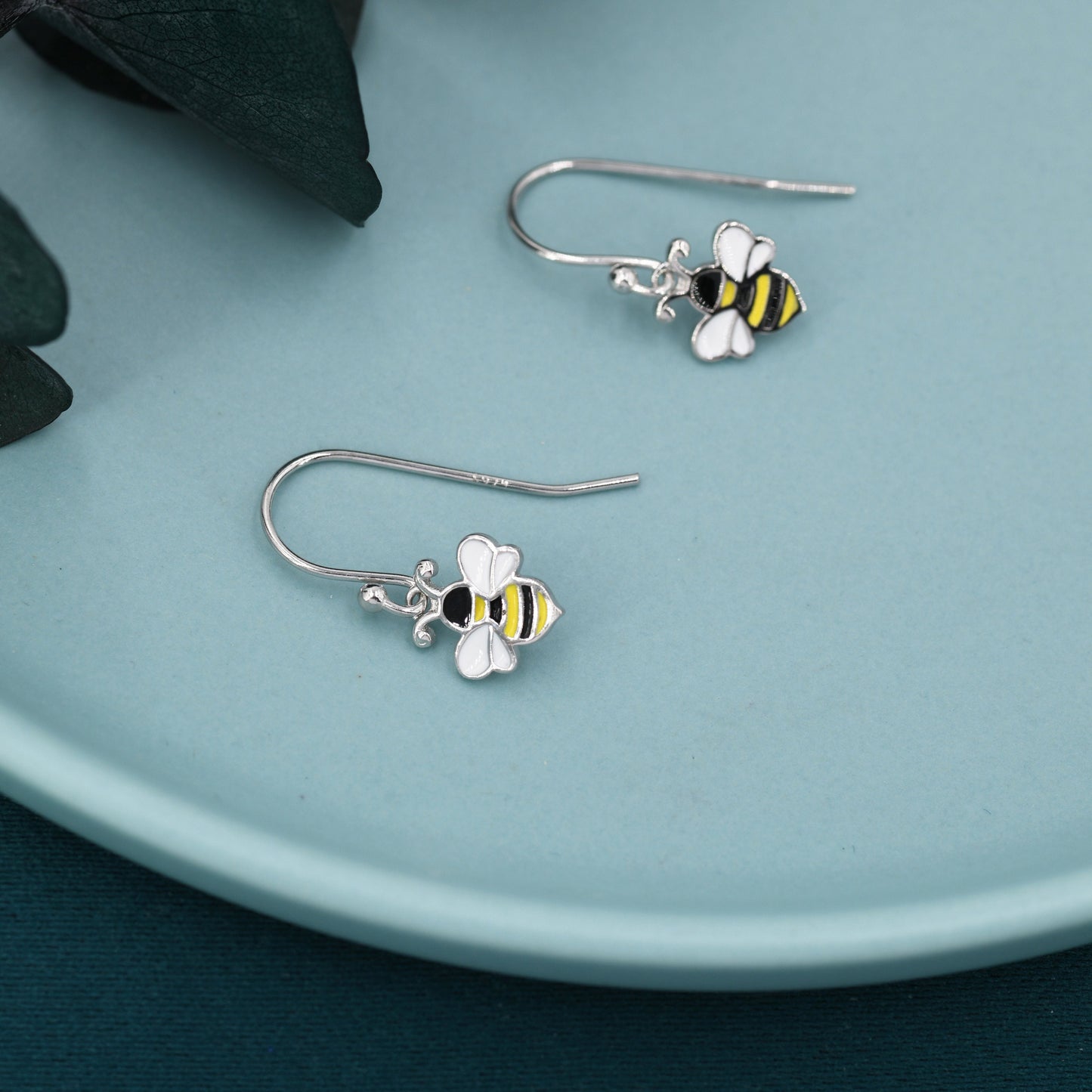 Enamel Bumble Bee Drop Earrings in Sterling Silver,  Earrings, Tiny Bee Earrings, Tiny Bee Hook Earrings, Silver Bee Earrings