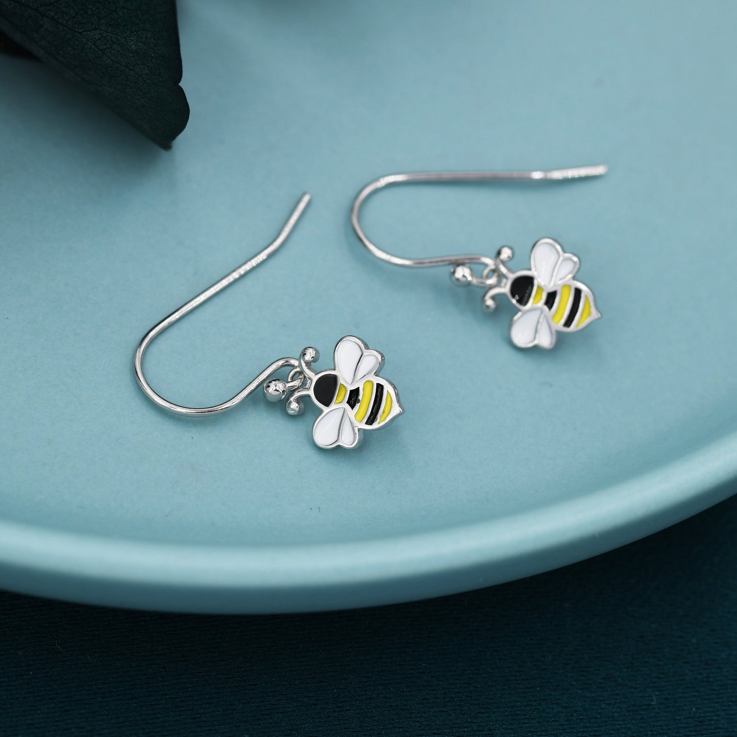 Enamel Bumble Bee Drop Earrings in Sterling Silver,  Earrings, Tiny Bee Earrings, Tiny Bee Hook Earrings, Silver Bee Earrings