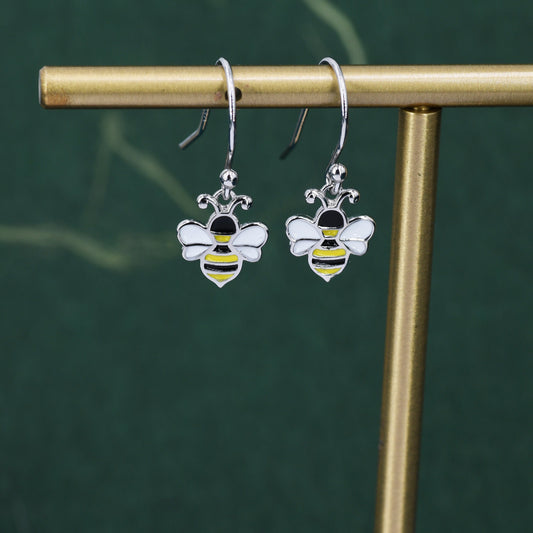 Enamel Bumble Bee Drop Earrings in Sterling Silver,  Earrings, Tiny Bee Earrings, Tiny Bee Hook Earrings, Silver Bee Earrings