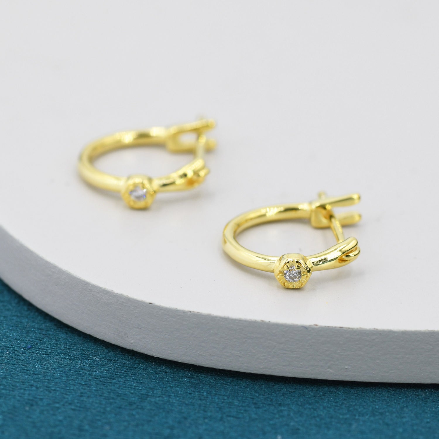 Creole Huggie Hoop Earrings with CZ Crystal in Sterling Silver, Gold Coated Sterling Silver, Creole Lever  Earrings, Minimalist Geometric