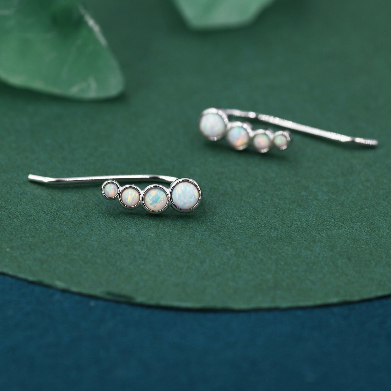 White Opal Cluster Crawler Earrings in Sterling Silver, Opal Ear Climbers, Silver or Gold,  Lab Opal Earrings
