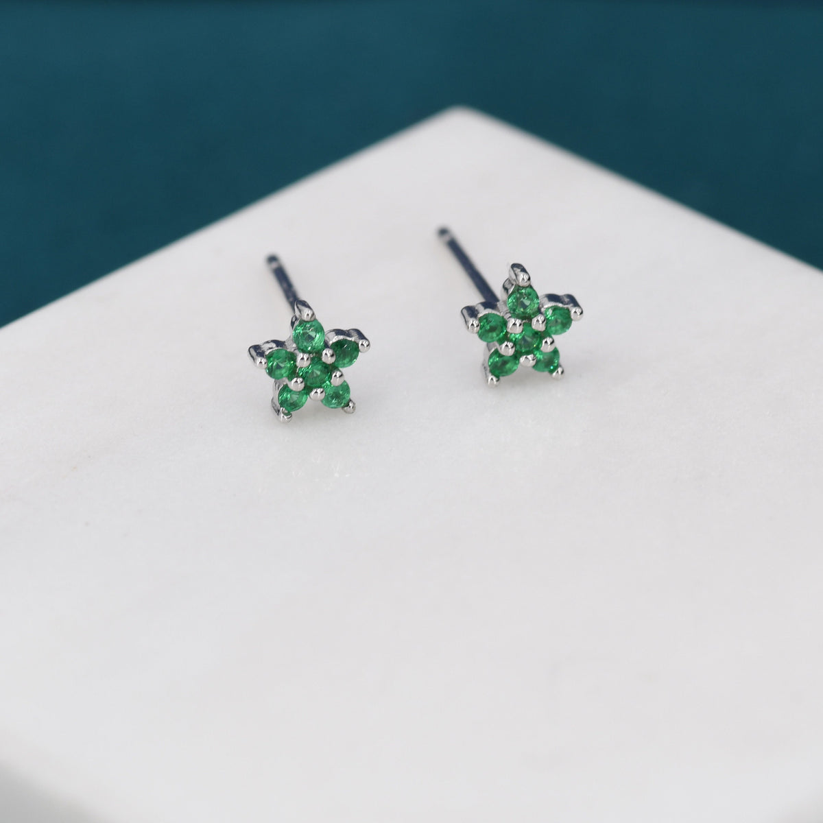 Emerald Green CZ Flower Stud Earrings in Sterling Silver, Silver or Gold, Green Crystal Flower Earrings, Stacking Earrings