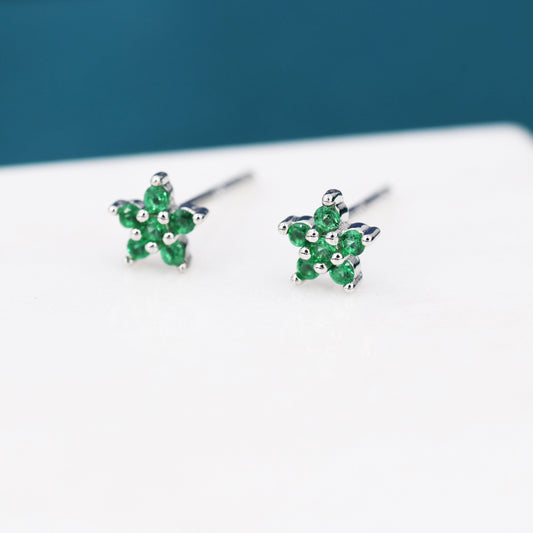 Emerald Green CZ Flower Stud Earrings in Sterling Silver, Silver or Gold, Green Crystal Flower Earrings, Stacking Earrings
