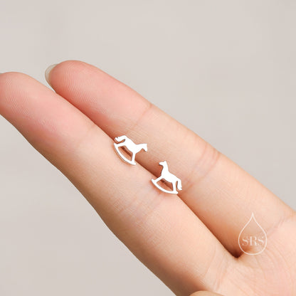 Tiny Rocking Horse Stud Earrings in Sterling Silver, Silver or Gold or Rose Gold, Sterling Silver Rocking Horse Earrings