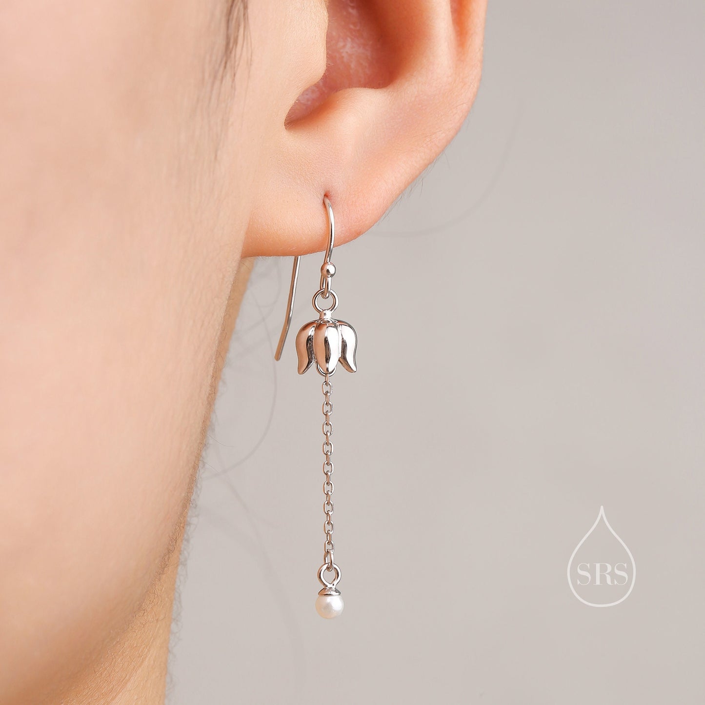 Lily of the valley with Dangle Pearl Dangle Earrings in Sterling Silver, Lily of the Valley Flower Dangle Earrings - Long Chain