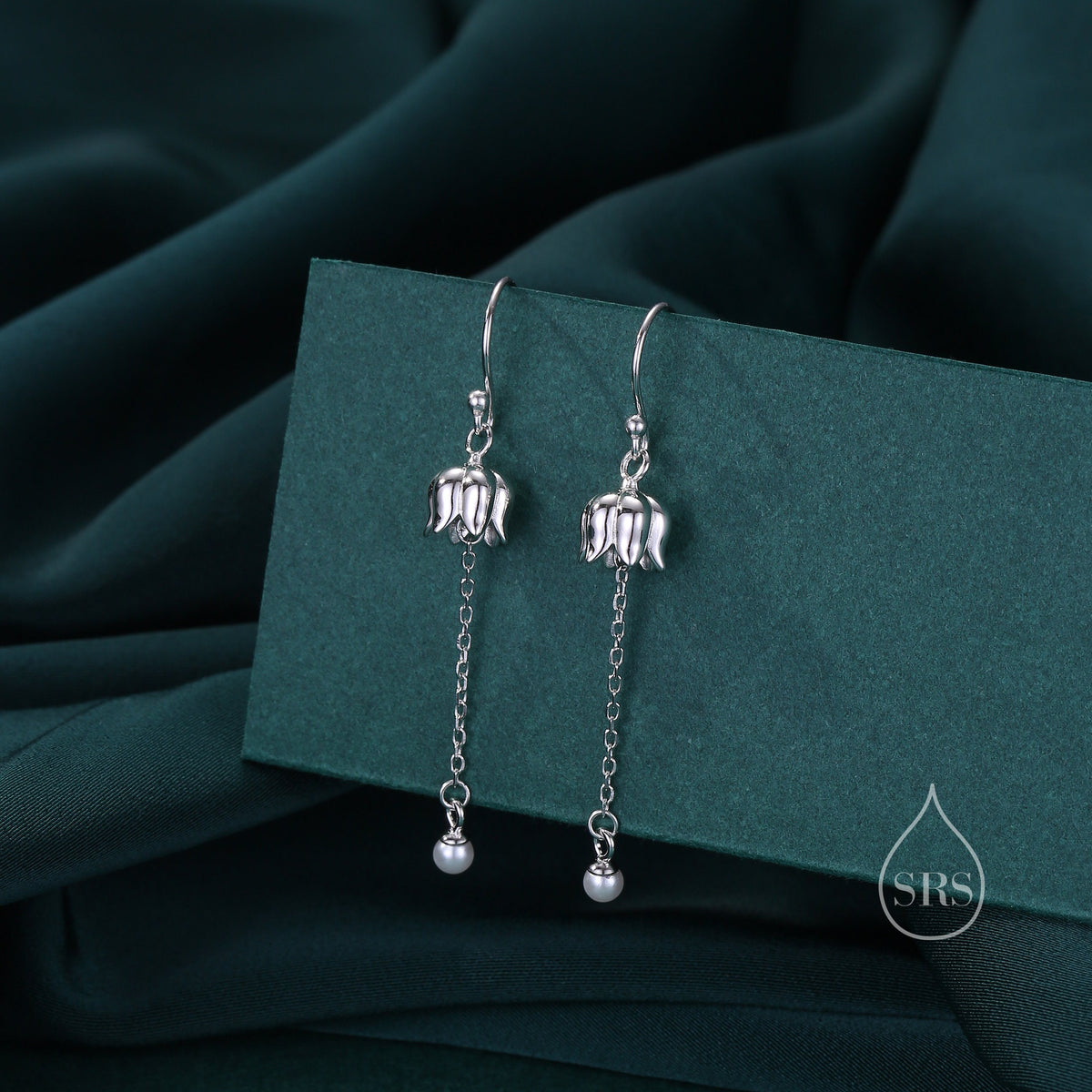 Lily of the valley with Dangle Pearl Dangle Earrings in Sterling Silver, Lily of the Valley Flower Dangle Earrings - Long Chain