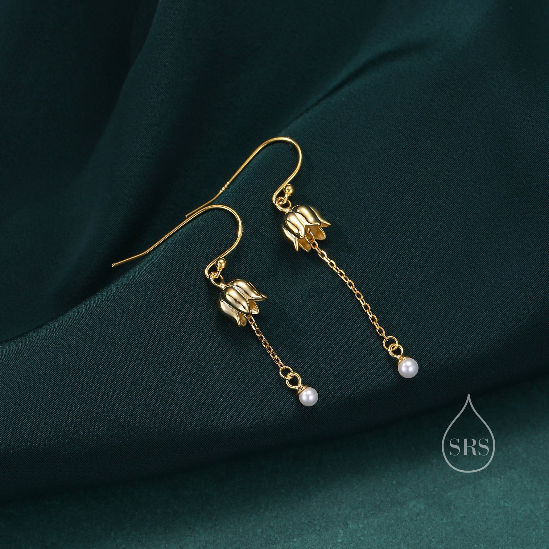 Asymmetric Lily of the valley with Dangle Pearl Dangle Earrings in Sterling Silver, Lily of the Valley Flower Dangle Earrings