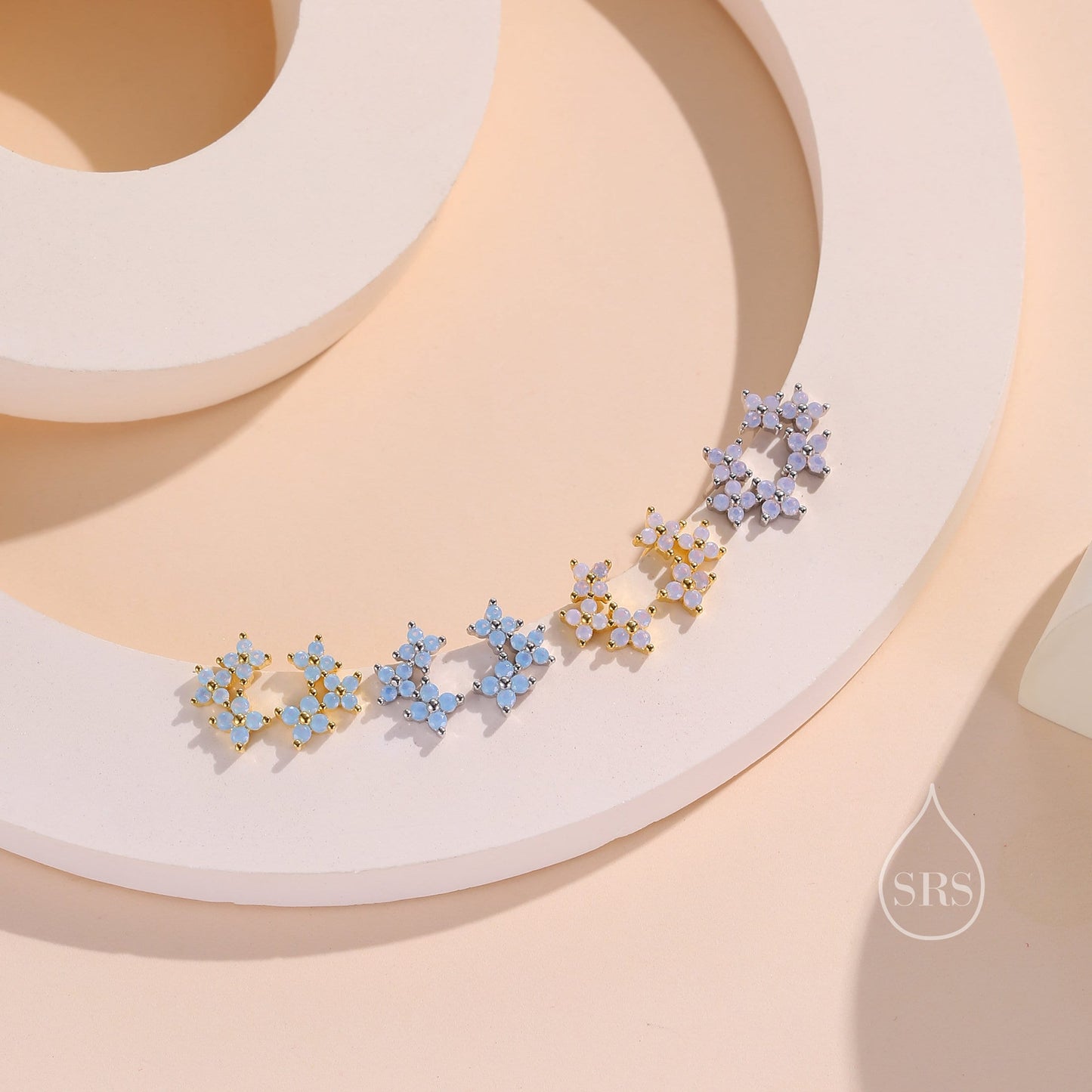 Tiny Hydrangea Bouquet CZ Stud Earrings in Sterling Silver, Silver or Gold, Opal Blue or Opal Pink, Three CZ Flower Earrings, CZ Cluster