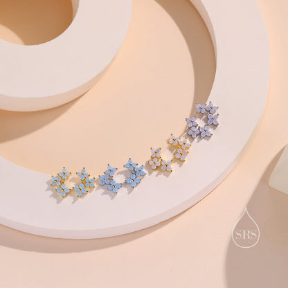 Tiny Hydrangea Bouquet CZ Stud Earrings in Sterling Silver, Silver or Gold, Opal Blue or Opal Pink, Three CZ Flower Earrings, CZ Cluster