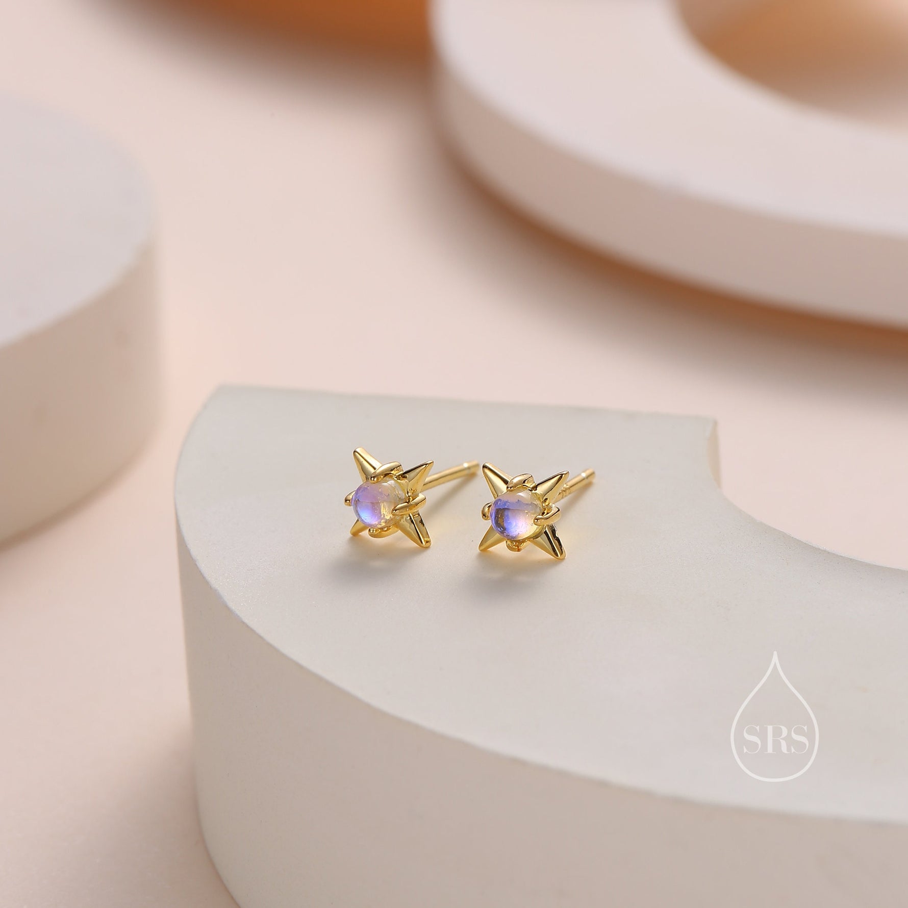 Delicate Starburst Stud Earrings in Sterling Silver, Silver or Gold, Lab Created Opal or Moonstone, Small Star Earrings, Celestial Jewellery