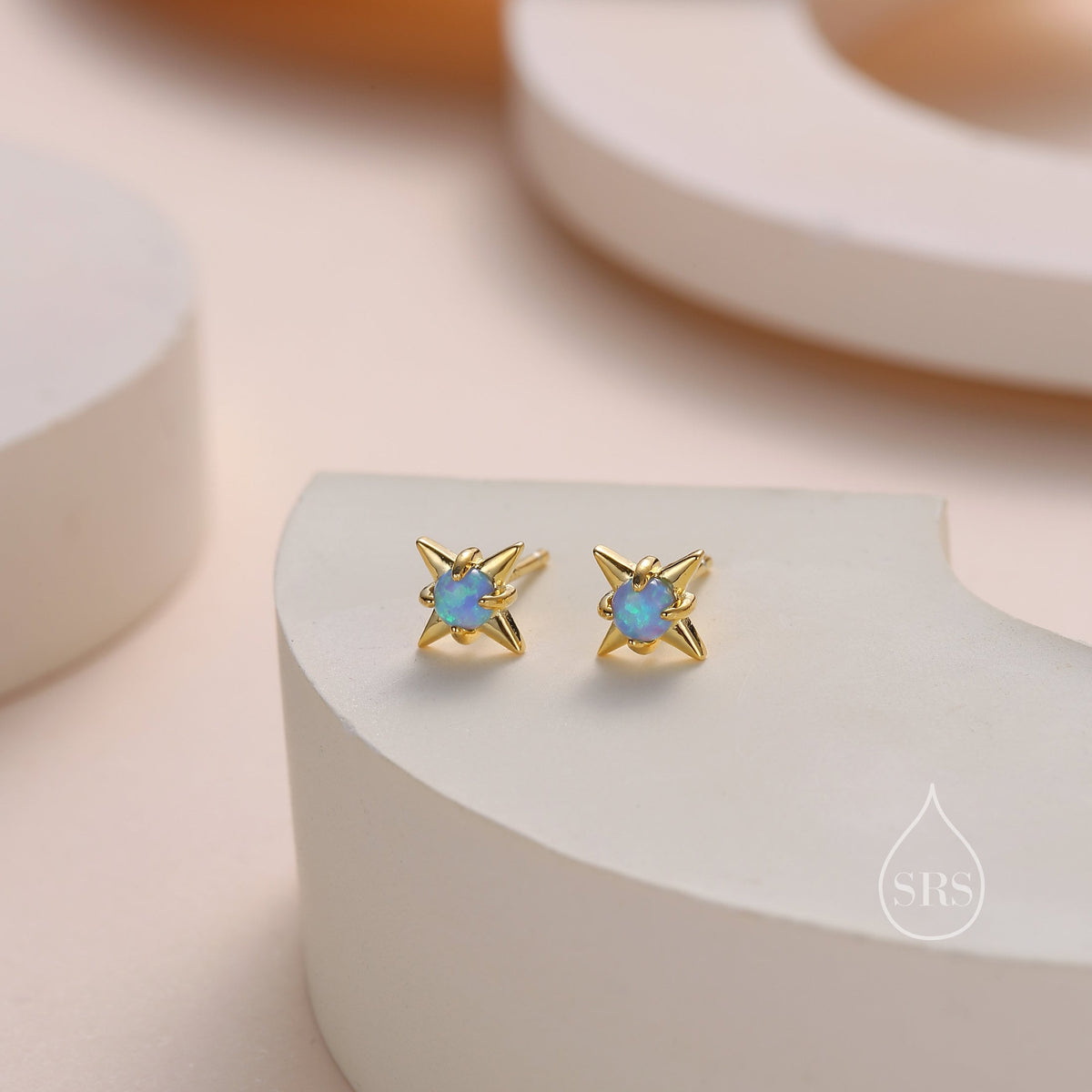 Delicate Starburst Stud Earrings in Sterling Silver, Silver or Gold, Lab Created Opal or Moonstone, Small Star Earrings, Celestial Jewellery