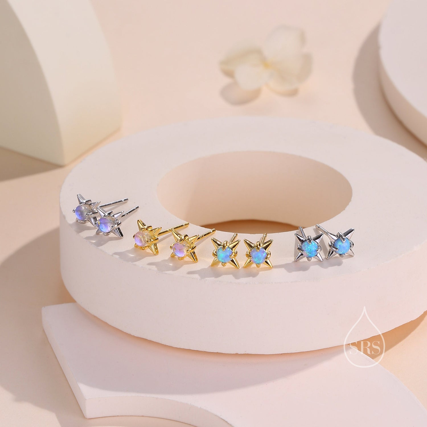 Delicate Starburst Stud Earrings in Sterling Silver, Silver or Gold, Lab Created Opal or Moonstone, Small Star Earrings, Celestial Jewellery