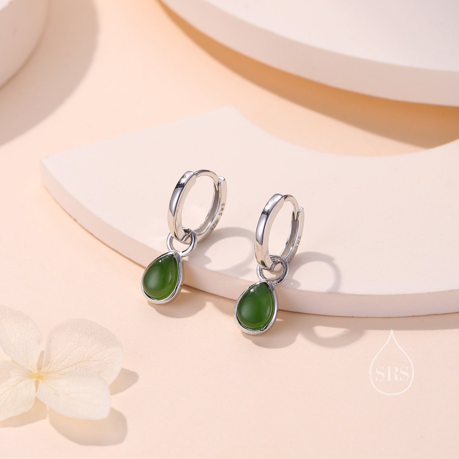 Sterling Silver Dangling Jade Droplet Hoop Earrings, Detachable Genuine Green Jade Charm Dangle Hoop Earrings, Silver or Gold,