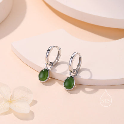 Sterling Silver Dangling Jade Droplet Hoop Earrings, Detachable Genuine Green Jade Charm Dangle Hoop Earrings, Silver or Gold,