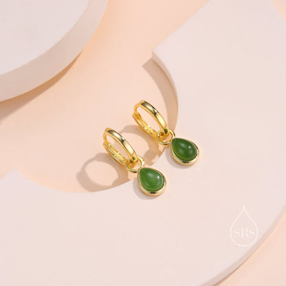 Sterling Silver Dangling Jade Droplet Hoop Earrings, Detachable Genuine Green Jade Charm Dangle Hoop Earrings, Silver or Gold,