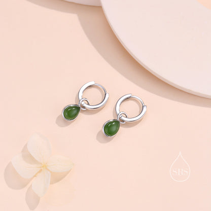 Sterling Silver Dangling Jade Droplet Hoop Earrings, Detachable Genuine Green Jade Charm Dangle Hoop Earrings, Silver or Gold,