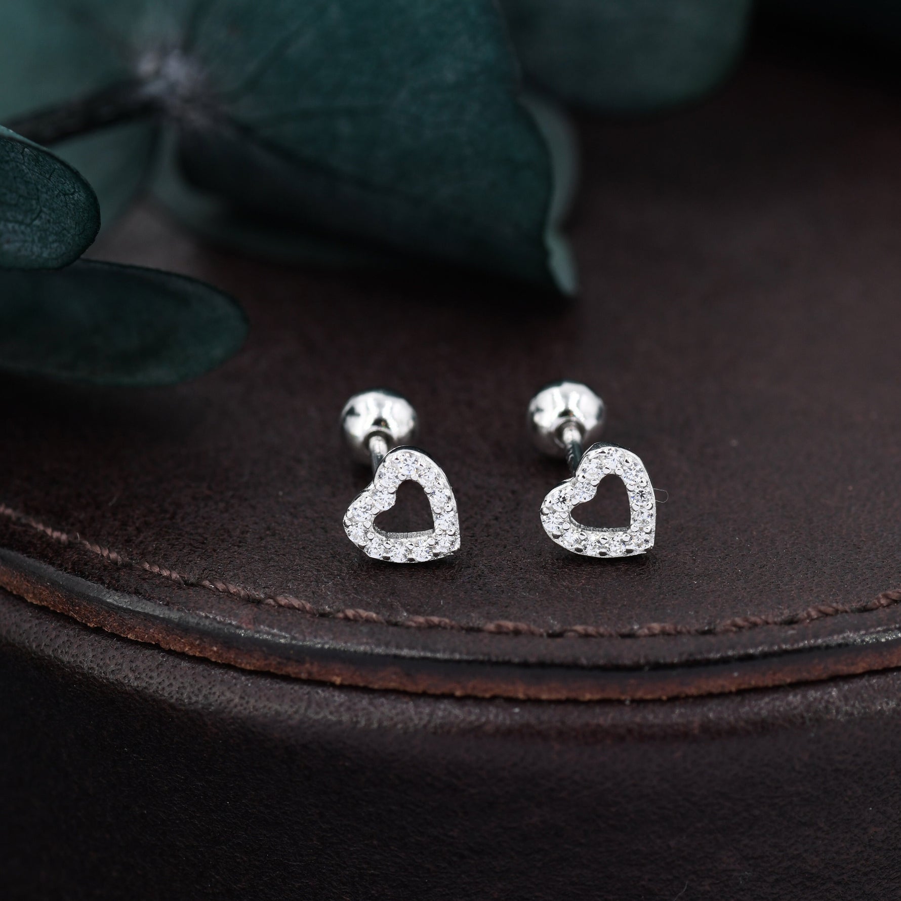 Small Pair of Open Heart 18G Screw Back Earrings in Sterling Silver