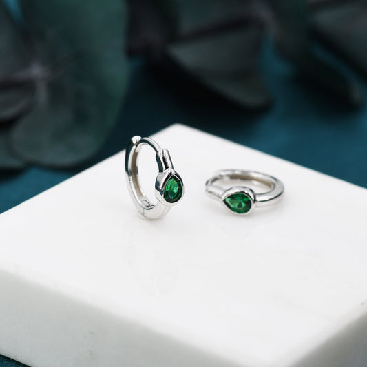 Emerald Green Single Pear Cut CZ Huggie Hoop in Sterling Silver, Silver or Gold, Minimalist Simple Green Hoop Earrings, Dainty Green Hoops