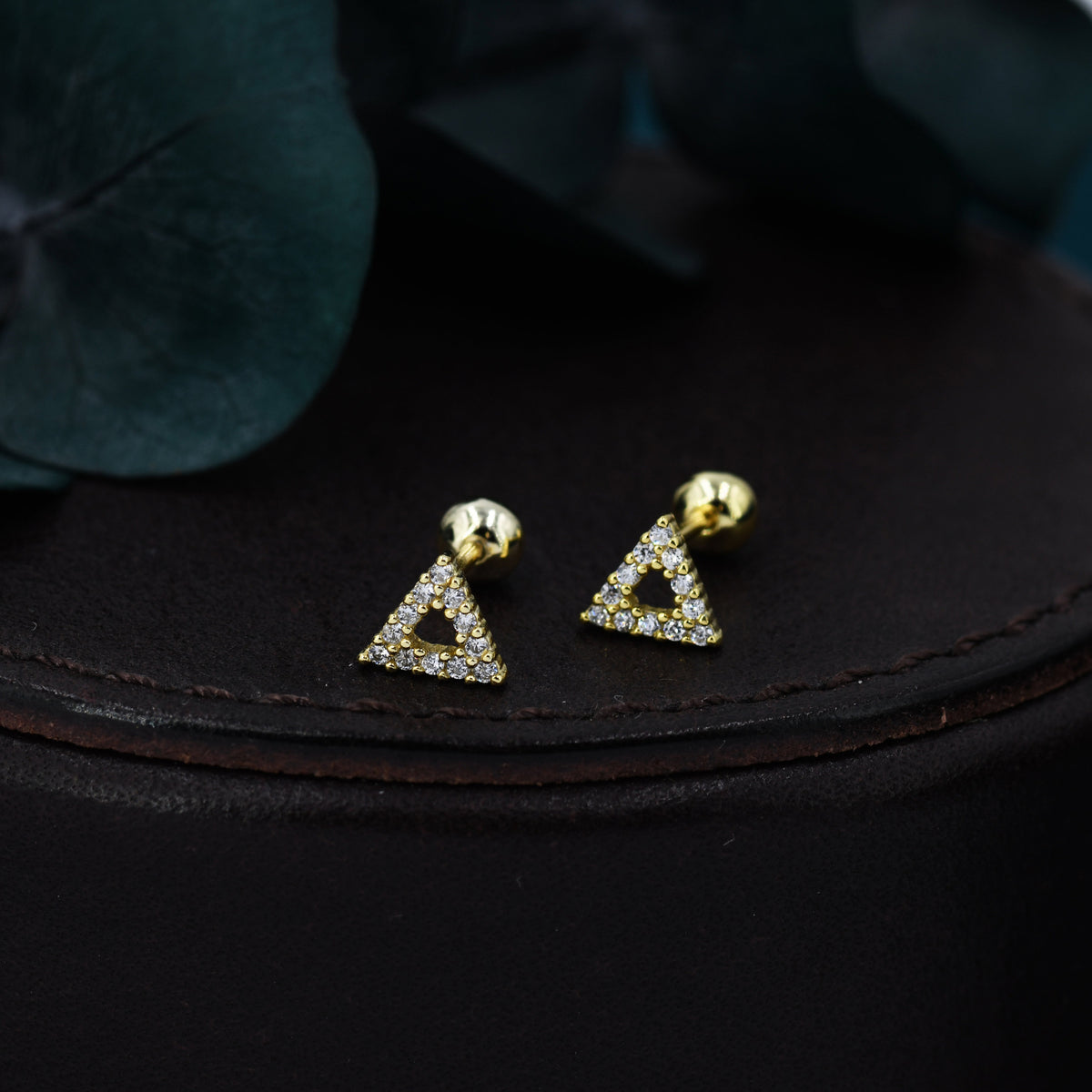 Small Pair of Open Triangle Stud Earrings in Sterling Silver, Rose Gold, Silver, Screw Back Earrings - helix, cartilage, conch, tragus