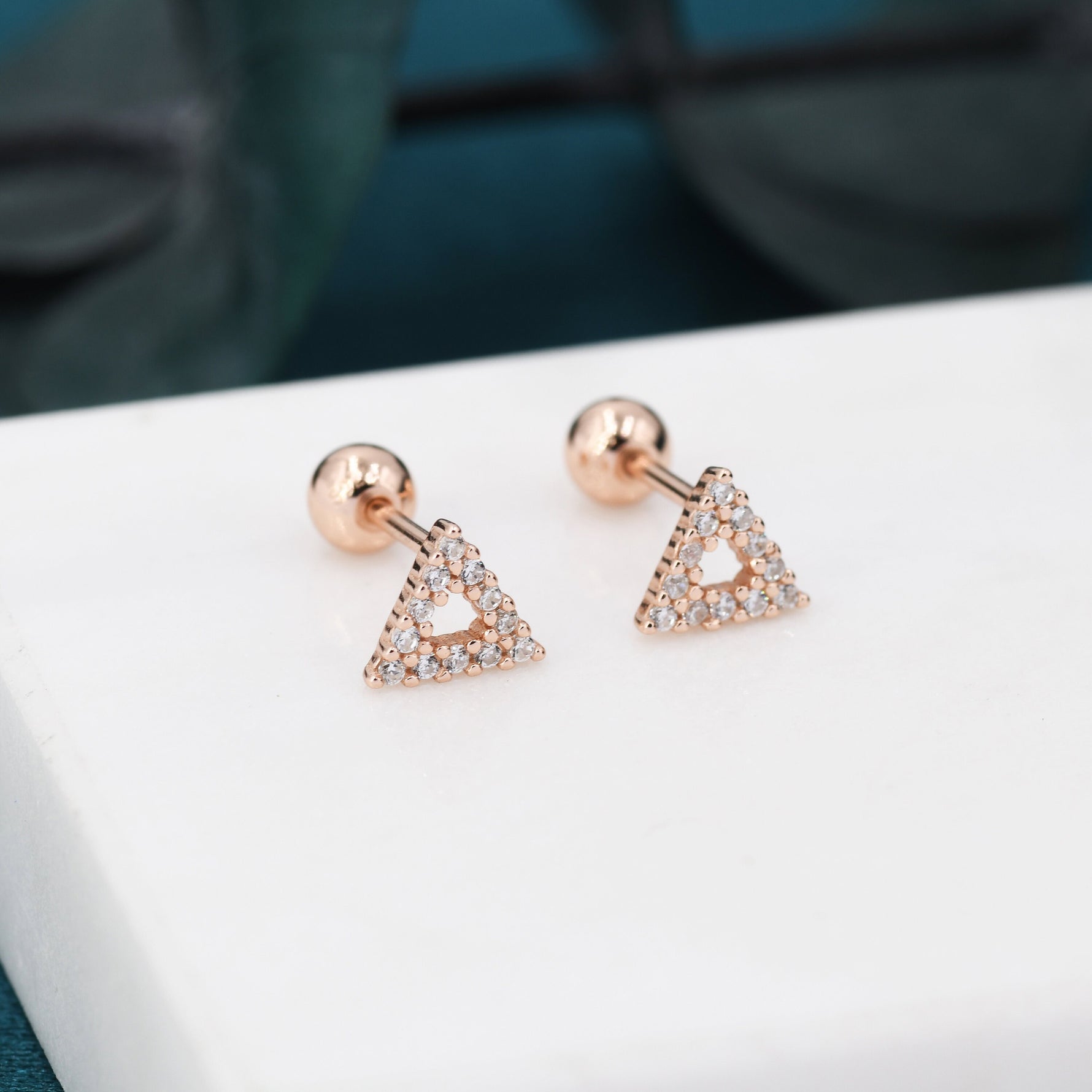 Small Pair of Open Triangle Stud Earrings in Sterling Silver, Rose Gold, Silver, Screw Back Earrings - helix, cartilage, conch, tragus