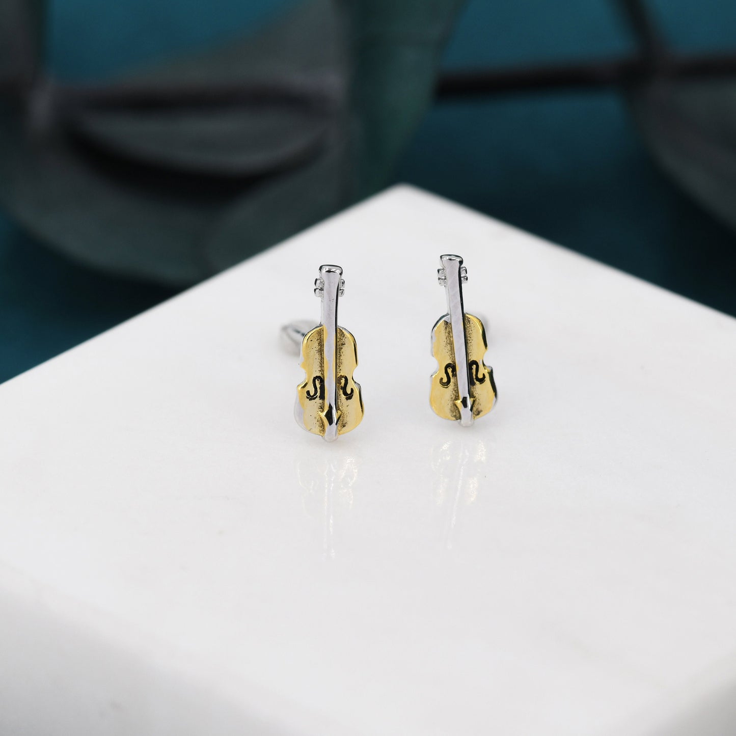 Tiny Violin Stud Earrings in Sterling Silver, Silver or Gold, Music Earrings