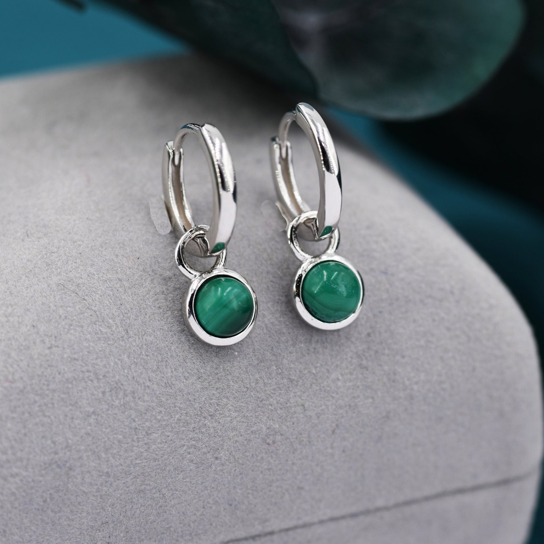 Sterling Silver Dangling Malachite Hoop Earrings, Detachable Green Malachite Coin Dangle Hoop Earrings, Silver or Gold, Interchangeable