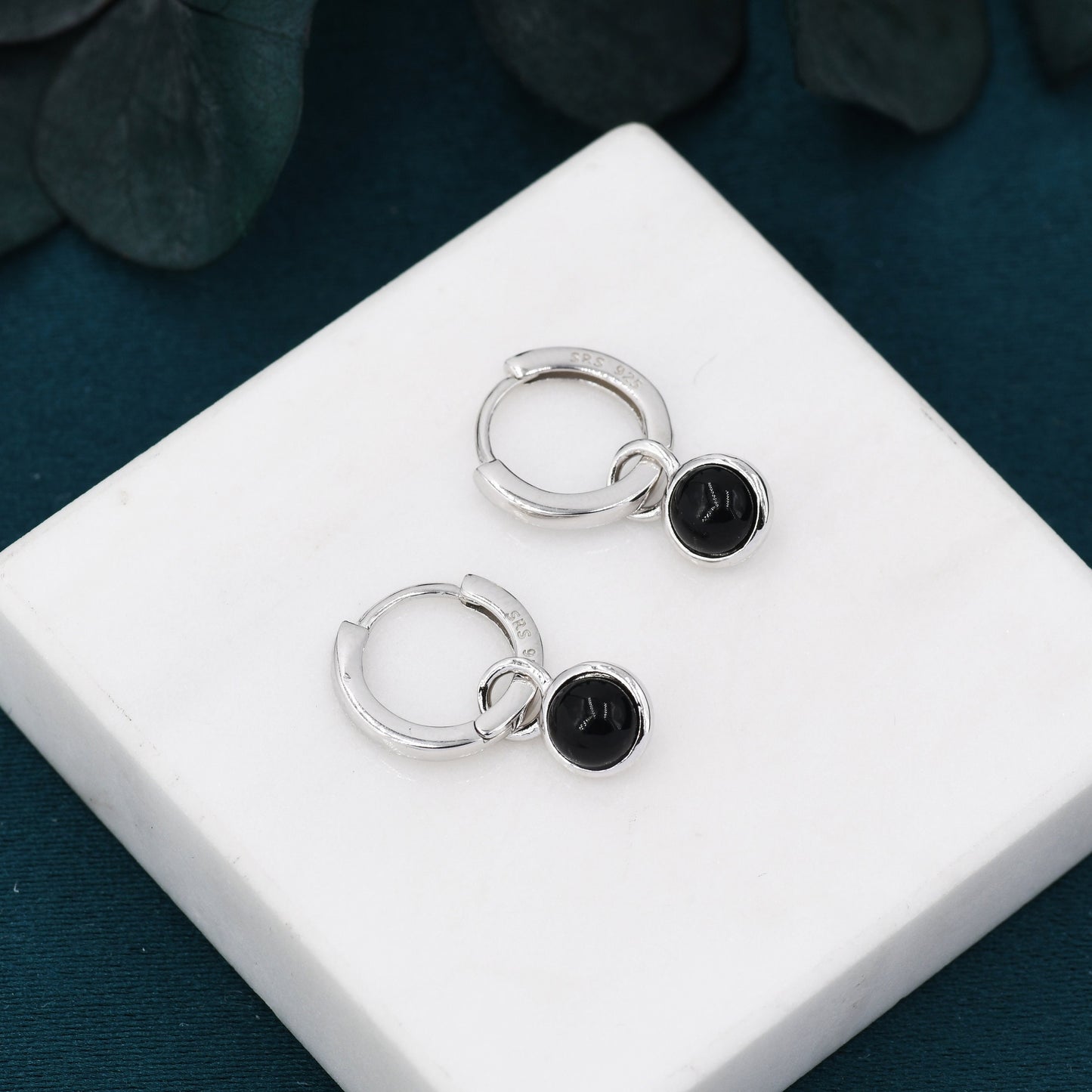 Sterling Silver Dangling Black Onyx Hoop Earrings, Detachable Black Onyx Coin Dangle Hoop Earrings, Silver or Gold, Interchangeable