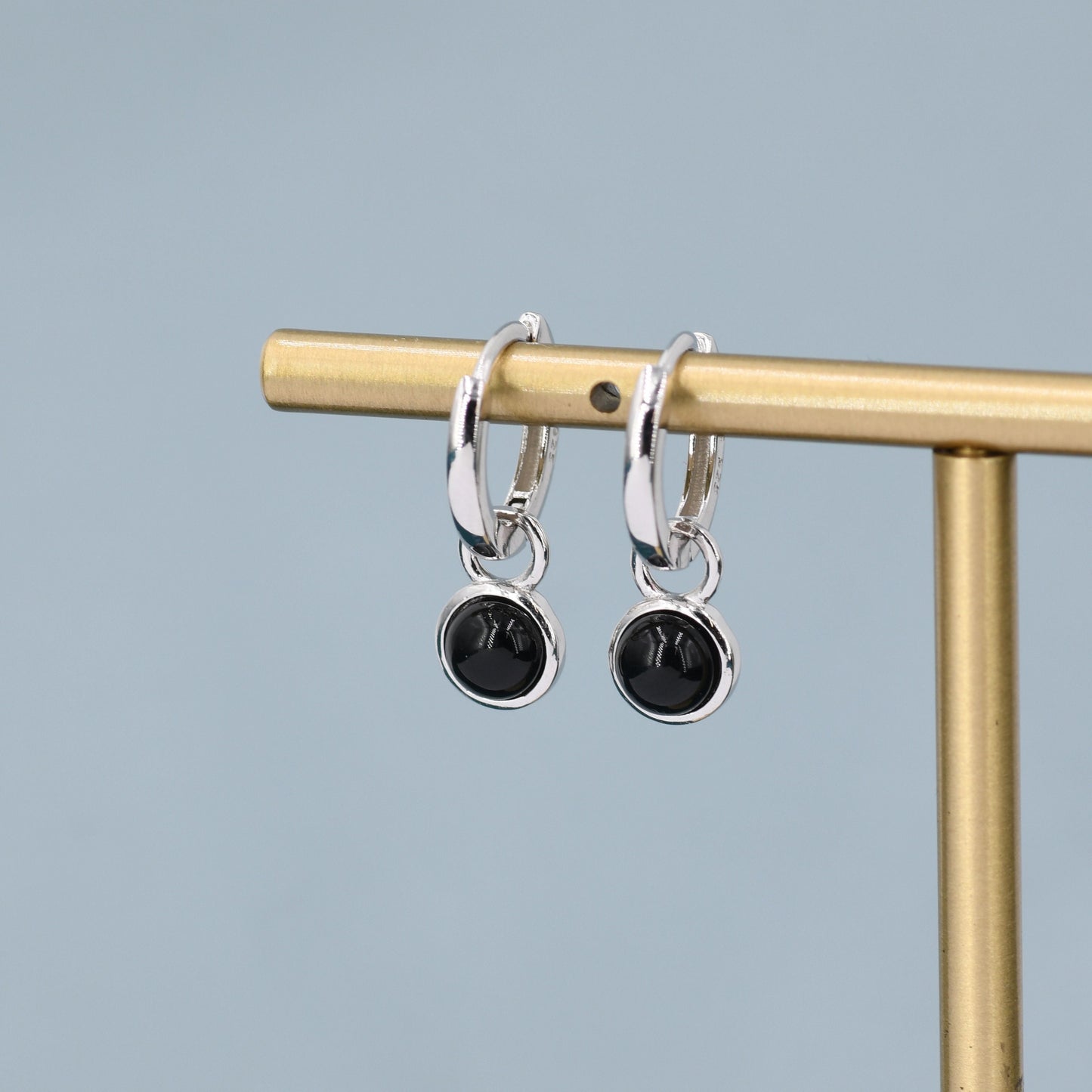 Sterling Silver Dangling Black Onyx Hoop Earrings, Detachable Black Onyx Coin Dangle Hoop Earrings, Silver or Gold, Interchangeable