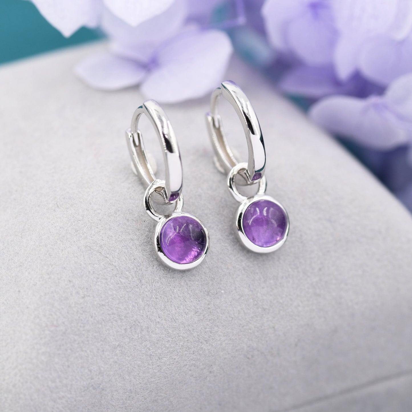 Genuine Amethyst Hoop Earrings in Sterling Silver, Detachable Natural Amethyst Coin Dangle Hoop Earrings, Interchangeable