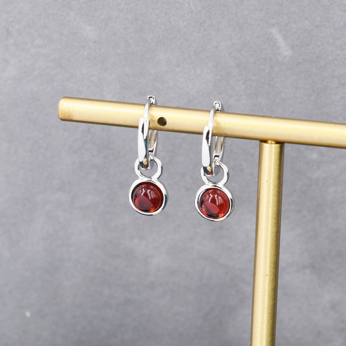 Sterling Silver Dangling Red Garnet Hoop Earrings, Detachable Genuine Garnet Coin Dangle Hoop Earrings, Silver, Interchangeable