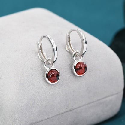 Sterling Silver Dangling Red Garnet Hoop Earrings, Detachable Genuine Garnet Coin Dangle Hoop Earrings, Silver, Interchangeable