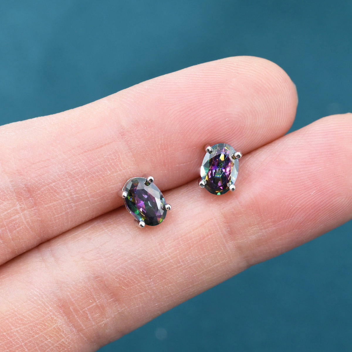 Mystic Topaz Crystal Stud Earrings in Sterling Silver, Oval Cut Peacock Crystals,Stunning Green, Blue and Purple Colour