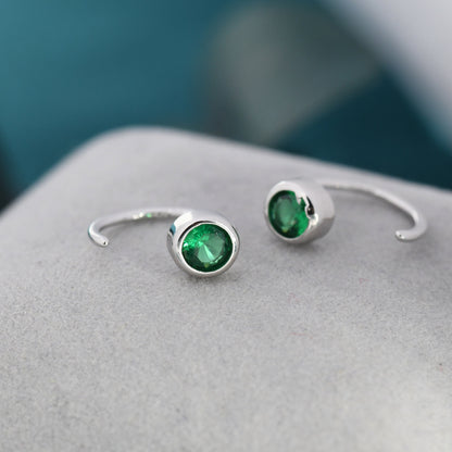 Emerald Green 4mm CZ Huggie Hoop Earrings in Sterling Silver, Tiny CZ Open Hoops, Pull Through Threaders, Half Hoops, C Shape