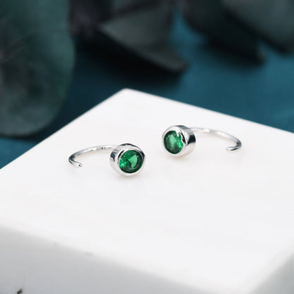 Emerald Green 4mm CZ Huggie Hoop Earrings in Sterling Silver, Tiny CZ Open Hoops, Pull Through Threaders, Half Hoops, C Shape